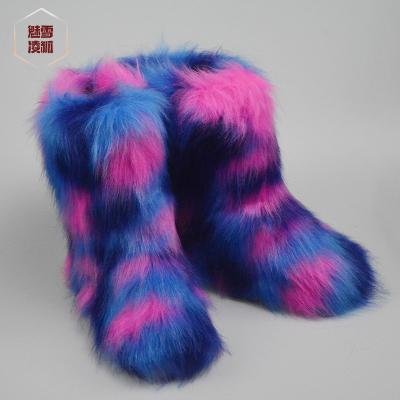 China Faux Fur Boots Kids Rainbow Waterproof Warm Puffy Hairy Shoe Flat Non-slip Rubber Snow Boots Slip-On Slip-On Slip-On Slip-On Fur Luxury Shoes for sale