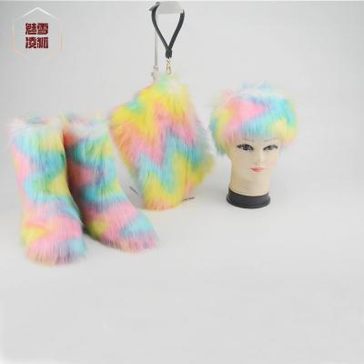 China Women's Winter Warm Rainbow Furry Rainbow Shoes Waterproof Women Set Bag Fur Boots and Matching Headbands Purses Handbag for sale