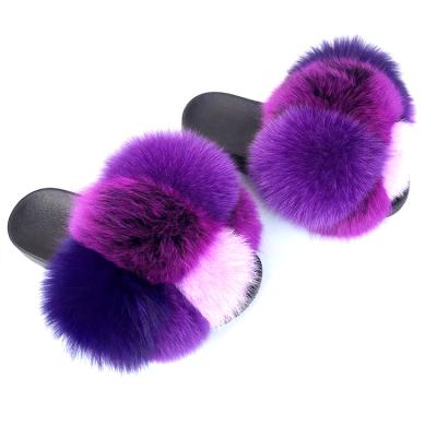 China Good qualityreal Fox fur slippers women fluffy slide aux fur slippers. luxury soft fluffy Anti-slippery fur for sale