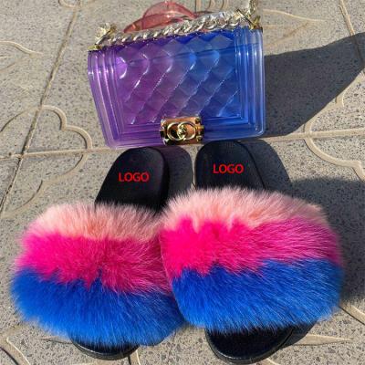 China Anti-Smell Faux Fur Slippers And Purse Sets High Quality Stylish Smudge Fur Slippers Pinch Fur Set Slides for sale