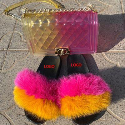 China Anti-odor Stylish High Quality Women's Fur Slippers With Purses Smear Fur Slippers With Purse Fur Slides for sale