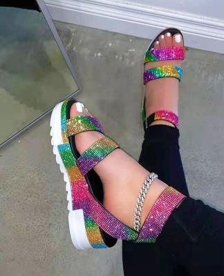 China Fashion Trend Hot Selling Rainbow Women's Rhinestone Diamond Crystal Open Toe Ankle Straps Buckle Outdoor Platform Mid Heel Fashion Sandals for sale