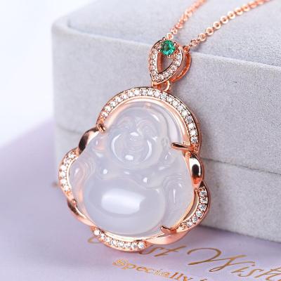 China Silver Stone 925 Large Chalcedony Buddha Belly Buddha Rose Gold Buddha Agate Pendant Chain Necklace for sale