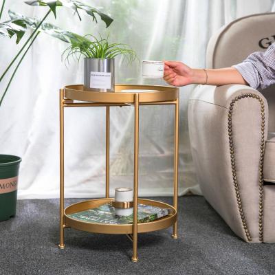 China Round Metal Table 2 Convertible Folding Side Tier Tray End Table Sofa For Living Room Coffee Tables for sale