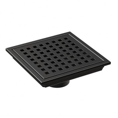 China Modern Square Shower Floor Drain With Flange Quadrato Pattern Grate Removable Food Grade SUS 304 Stainless Steel Matte Black for sale