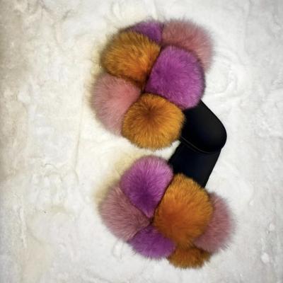 China Quick-Drying OEM Custom Logo Fox Fur Indoor Real Slippers Blue Fluffy Sandals Slipper For Women for sale