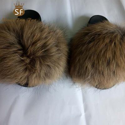 China Wholesale Fluffy And Soft Customized New Design Ladies Real Raccoon Fur Luxury Open Toe Fluffy And Soft Fluffy Slippers for sale