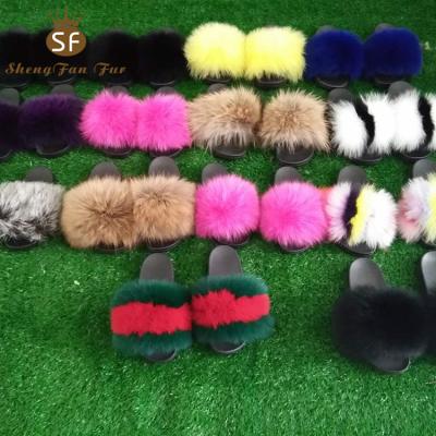 China Colorful Fashion Fox 100% Raccoon Fur Slide Sandal Slippers Wholesale Fluffy And Soft Fluffy And Soft for sale