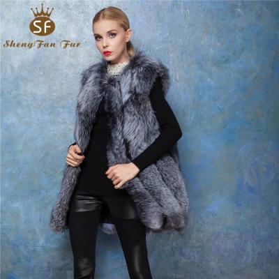 China 10 Winter Sale New Style Silver Fox Fur Coat Women's Warm Fluffy Sleeveless Genuine Long Style Fluffy Sleeveless Coat With Real Fur for sale