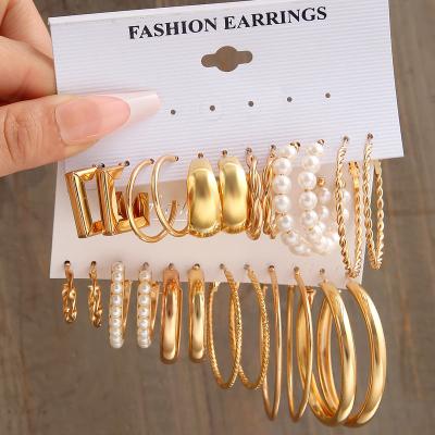 China New Trendy RTS Trendy Gold Plated Geometric Circle Earrings Set Pearl Jewelry For Stone Set In Women Party Earrings Luxury Crust for sale