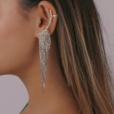 China 2023 Trendy Fashion Rhinestone Popular Tassel Dangling Earrings Feast New Long Pierced Ear Clipless Earrings For Women for sale