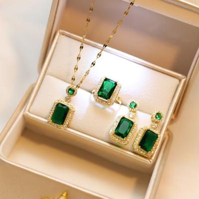 China CLASSIC Popular Jade Jewelry Set Stainless Steel Crystal Zircon Earrings Necklace Ring Set Women Shape Non Allergic Zirconia Jewelry for sale