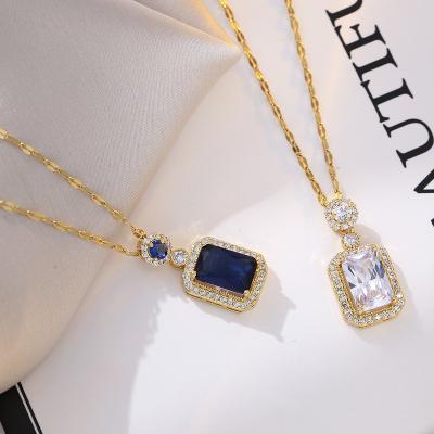 China Wholesale Geometric Inlay CLASSIC Iced Out Zircon CZ Crystal Earrings Stainless Steel Shiny Emerald Square Pendant Necklace Jewelry Sets for sale