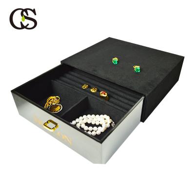 China high quality & Good service& Black high wooden jewelry made to order wholesale shiny Tray Cases drawer MDF compartments velvet spray OEM for sale