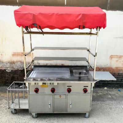 China Commercial Catering Stainless Steel Street Food Snack Fryer Grill Barbecue Trolley Handcart for sale