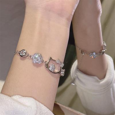 China Sterling Silver Hello Kitty Style Casual/Sporty Cute Katie's Cat Fairy Diamond Inlaid Bangle Girlfriend Jewelry for sale