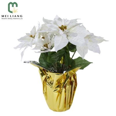 China Wholesale Potted White Poinsettia Artificial Flower Home Decorative Plants Minimalist 43cm Size Christmas In Gold Wrapped for sale