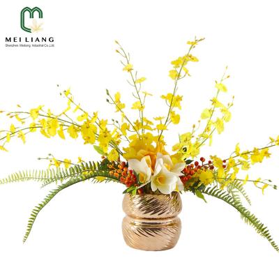 China Plant Outlet Minimalist Faux Dancing Orchid Silk Flower Arrangements In Ceramic Vase for sale