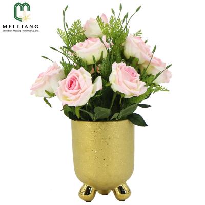 China Minimalist Almost Natural Artificial Rose Simulation Rose Flower Floral In Gold Ceramic Vase Desktop Center Any Room for sale