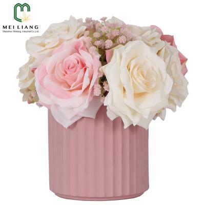 China Minimalist Hotting Sales Simulation Artificial Rose Floral Desktop Center Wedding Rose Flower In Gold Ceramic Vase for sale