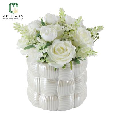 China Artificial Ceramic Basin White Silk Rose Flower In Pearl Glaze Arragement New Arrival Contemporary Wholesale Wedding Decoration for sale