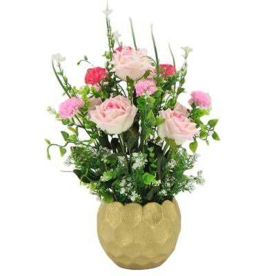 China Factory Wholesale Contemporary High Quality Wedding Party Light Pink Silk Rose Flowers In Ceramic Arragement Artificial Pot for sale