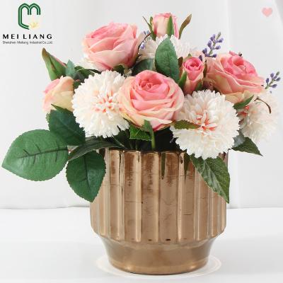 China Wholesale Rose And Chrysanthemum Flowers In Artificial Silk Light Pink Rose Gold Ceramic Pot Contemporary Factory Fashion Home Decor for sale