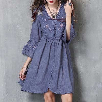 China High Quality Custom Women Boho Long Sleeve Anti-Wrinkle Summer Dress Women's Asymmetrical Embroidered V-Neck Cotton Dress Casual Dress for sale