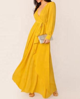 China Fashion Summer Chiffon Autumn Dress Women V-Neck Long Sleeve Ruffle Long Dress Breathable High Quality Custom Made Women's Elegant Casual Dress for sale