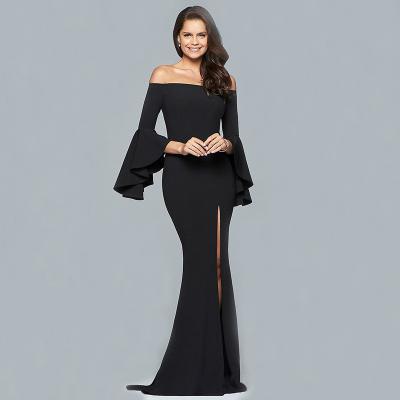 China 2021 Anti-Wrinkle Fashion Satin Solid Color One-Line Neck Flared Sleeves Split Maxi Long Dress Evening Dress for sale