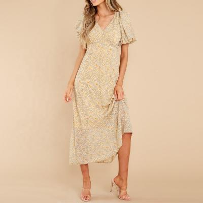 China Summer Breathable Women Ruffled Dress Yellow Summer Beach Boho Midi Dress Floral Print Elegant Casual Dress for sale