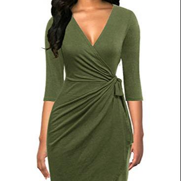 China 2021 Office Ladies Women Solid Color Dress Solid Color Zipper V-Neckline Half Sleeve Silm Loop Pencil Dress With Belt Career Wear for sale