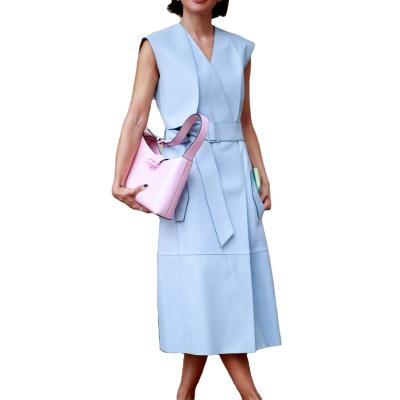 China 2022 New Fashion Solid Color Office Dress Breathable Simple Formal Women Belt Sleeveless V-neck Midi Dress High Quality for sale