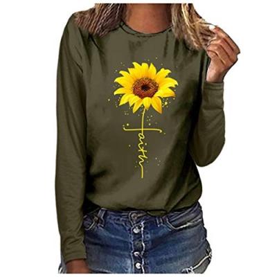 China Autumn Cute Casual Breathable Graphic T-shirt Print Faith Sunflower Ladies Custom OEM Cotton T-shirt for sale