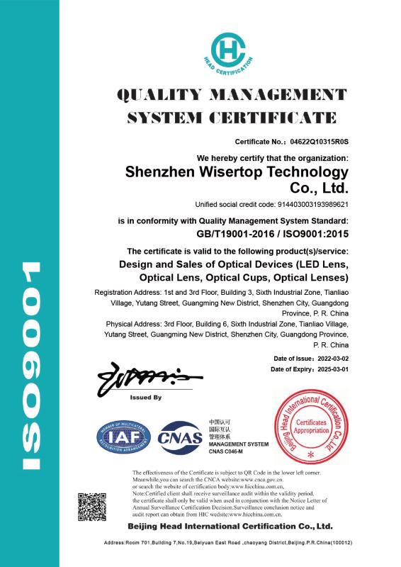 GB/T19001-2016 / ISO9001:2015 - Shenzhen wisertop optics Co., Ltd