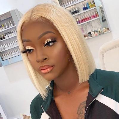 China Cheap Silky Straight Wave 613 Blonde Color Bob Wigs Human Hair For Women, Virgin Remy Hair Transparent Hd 4x4 Lace Up Closure Wigs for sale