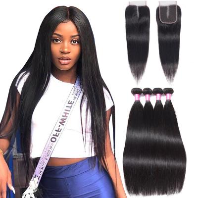 China Human hair bundle with closure Top Swiss Lace 4x4 Closure Human Hair Unprocessed Brazilian Virgin Remy Hair Straight Human Hair Weave Bundles 4X4 Lace Closure for sale