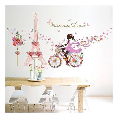 China Wall Decals for Bedroom DIY Girl Riding Bicycle Butterfly Eiffel Tower Removable Flower Wall Decal, Skin and Stick Fairy Wall Stickers for Girls for sale