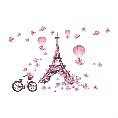 China Wall Decals for Bedroom Romantic Eiffel Tower Wall Decals for Girls Room Flower Bike Butterflies Air Balloon Vinyl Sticker Hot for sale