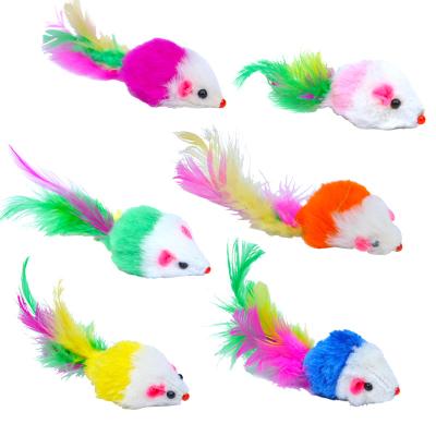 China Viable a large number of spot pet cat wholesale products feather colorful tail mouse cat toy plush feather mouse for sale