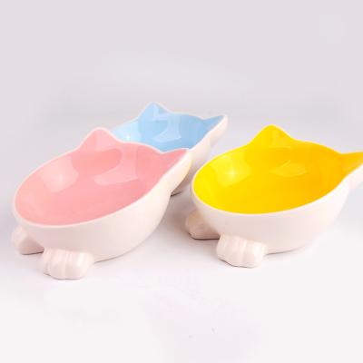 China Cartoon Tilt Cartoon Tilt Cat Ear Pet Cat Bowl Drinking Water Basin Cute Ceramic Color Ceramic Cat Bowl for sale