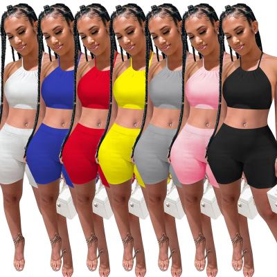 China 2021 new arrivals summer outfits halter top solid color casual two-piece shorts QUICK DRY set women clothing for sale