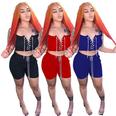 China Breathable Summer Two Piece Short Biker Set Women Clothing Equipment Tank Top Lace Up Bandage 2022 Summer Sleeveless Set for sale