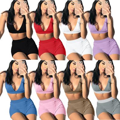 China Logo Women Summer Clothing Two Piece Pants Set Breathable Tank Top Crop Top V Neck 2 Piece Short Biker Gaiters Set For Women for sale