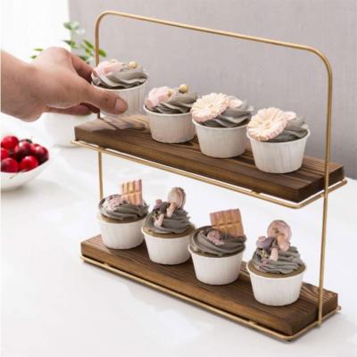 China Solid Wooden Cake Stand Dessert Cake Display Stand Handmade Handmade Viable Serving Desktop Stand With Iron Frame for sale