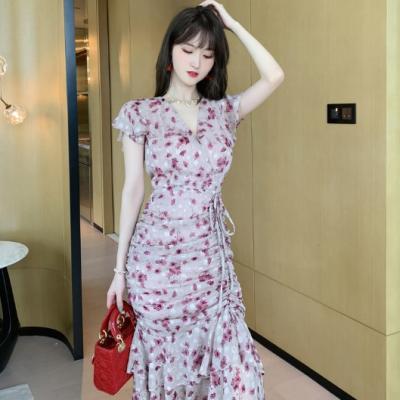 China Autumn new anti-static Korean style women's casual v-neckline pleated elegant floral dress for sale