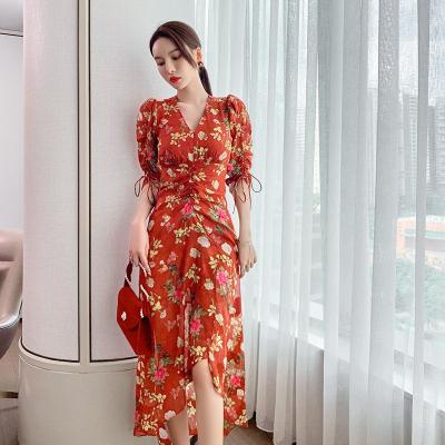 China 4988 Women's Clothing Anti-static 2022 Summer Women's Clothing New Retro Drawstring Waist Print Lace Pleated Dress for sale