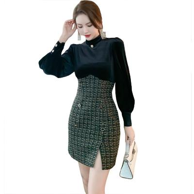 China New Winter Women's Style Collar Plaid Dresses Anti-static High Sleeve Korean Elegant Long Dress for sale