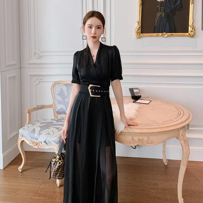 China 2021 Summer New Organza Waistband Flare Black Office Overalls QUICK DRY Slim Breathable Elegant Overalls for sale