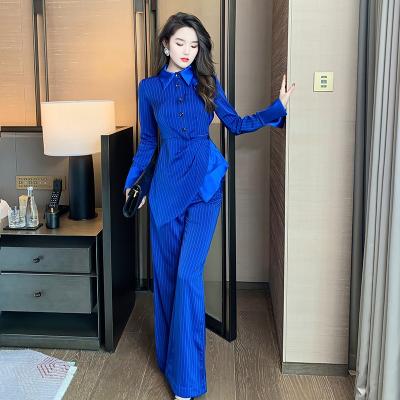 China 5367 Women's Clothing 2021 Autumn QUICK DRY Women's Pants Set Blue Stripe Blouse Wide Leg Pants Outfits Two Piece Set for sale